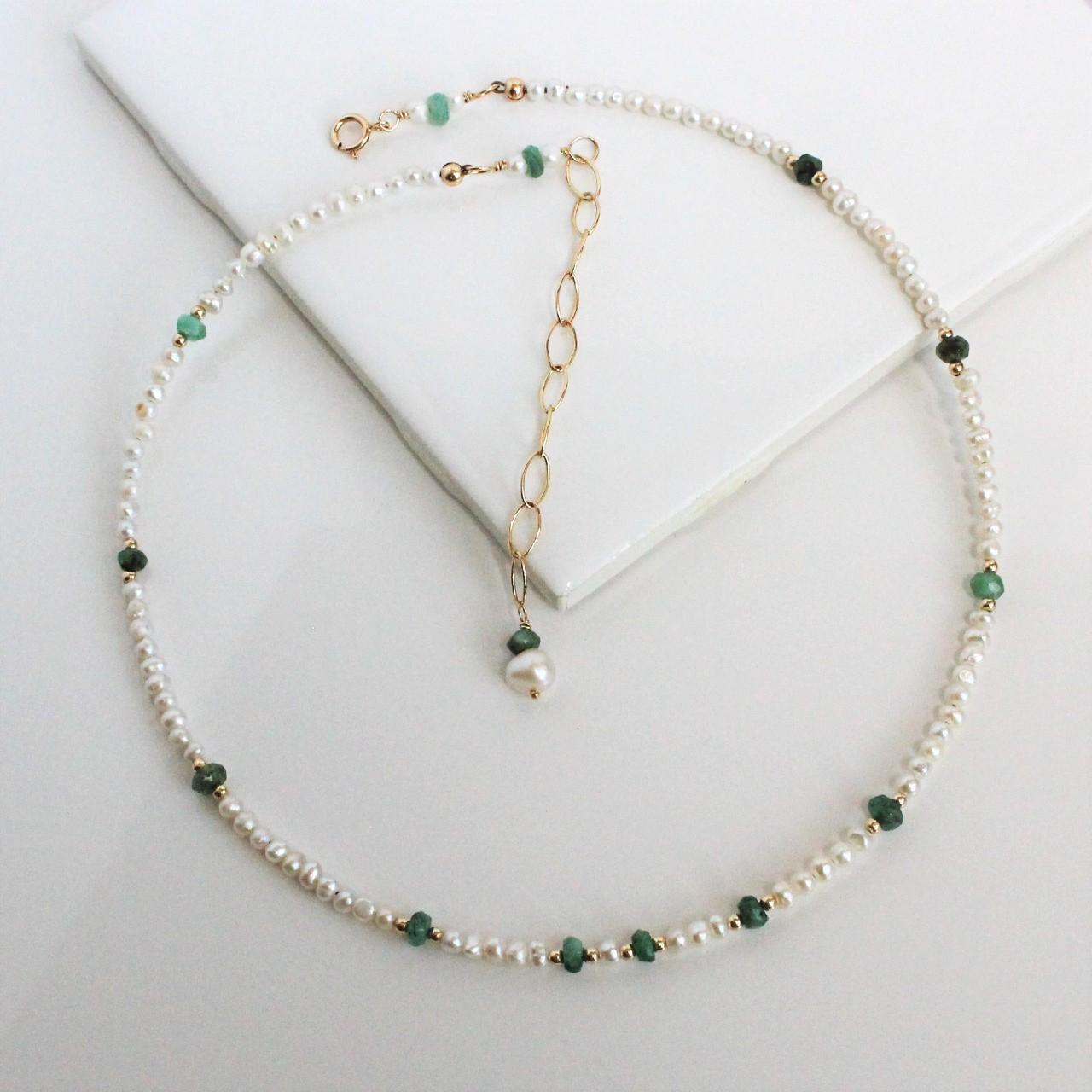 Natural Faceted Emerald and Freshwater Pearl 14k Gold Filled Necklace
