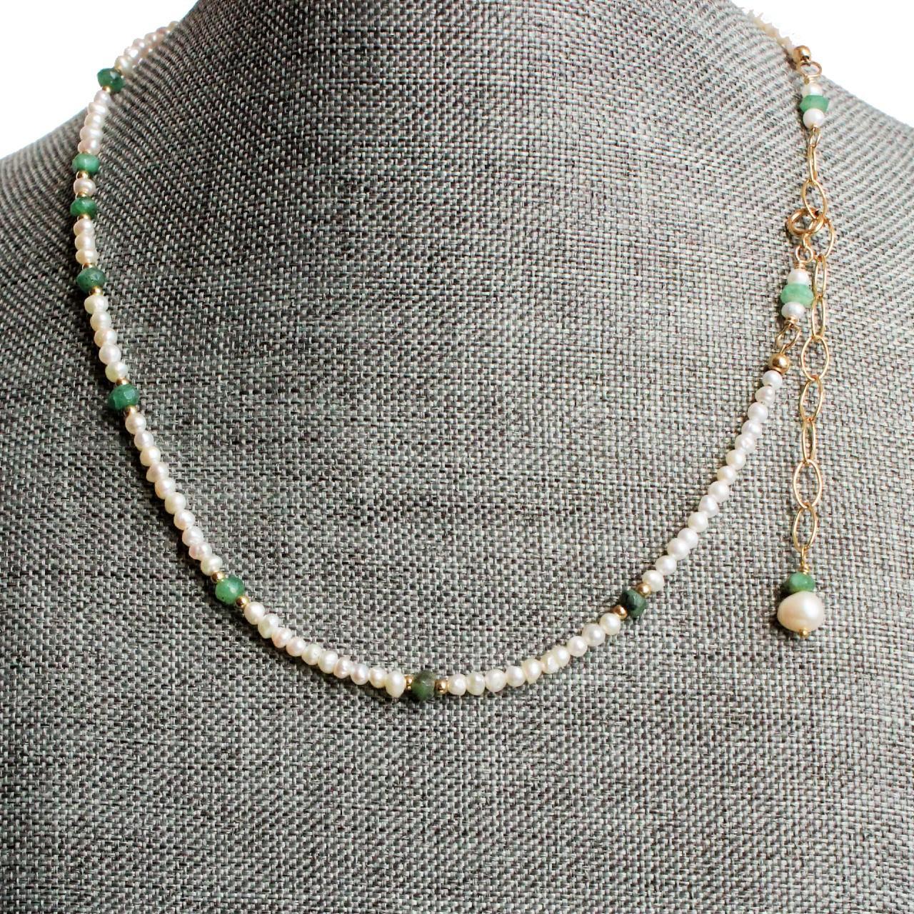 Natural Faceted Emerald and Freshwater Pearl 14k Gold Filled Necklace