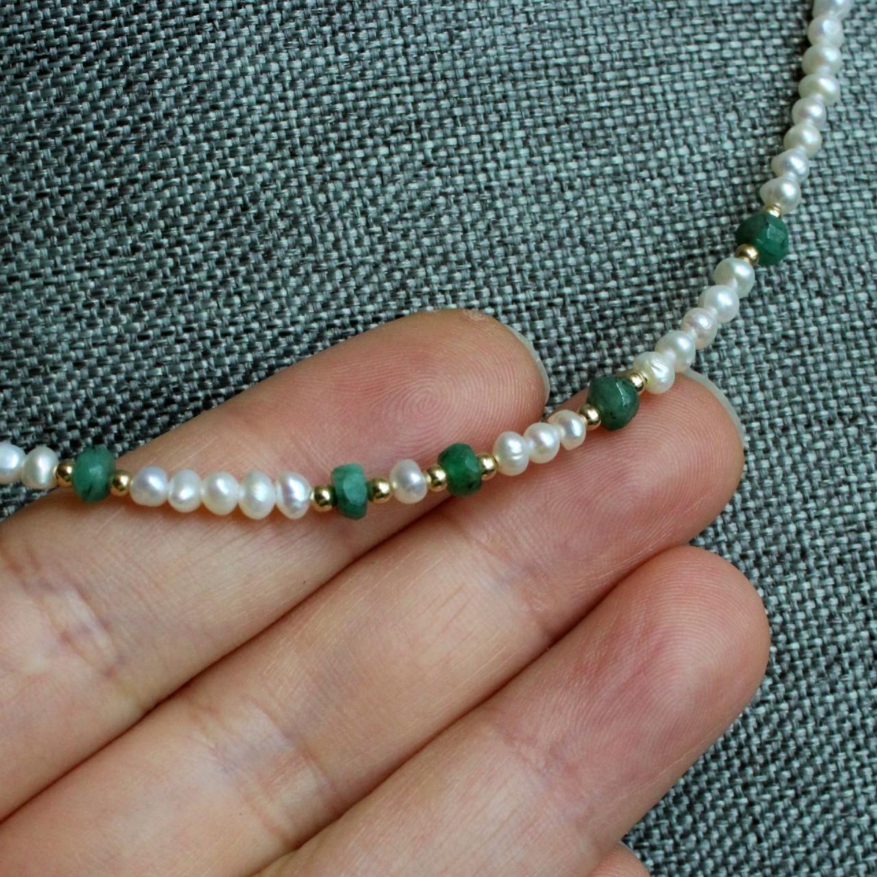 Natural Faceted Emerald and Freshwater Pearl 14k Gold Filled Necklace