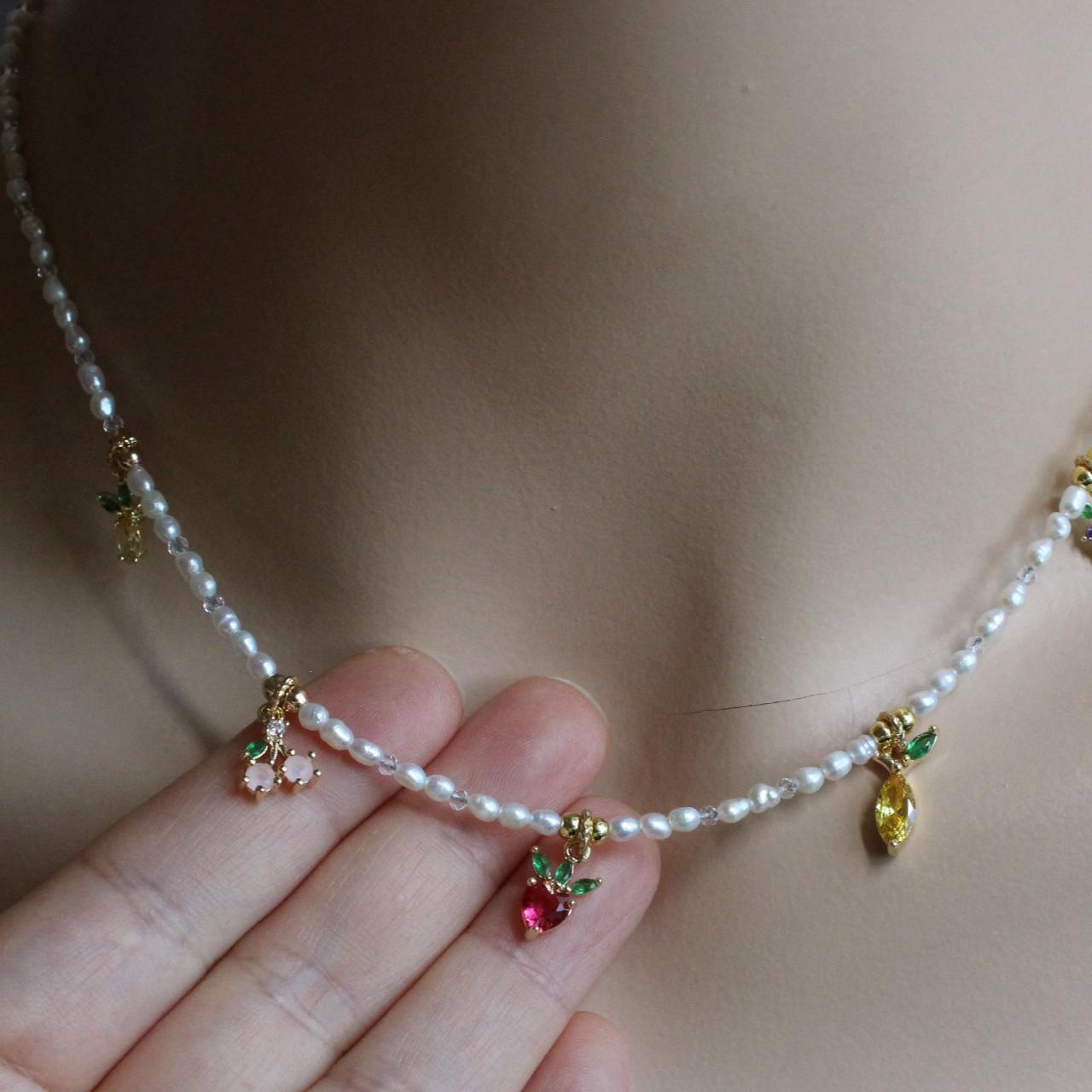 Pearl CZ Fruit Charm Beaded Choker Necklace