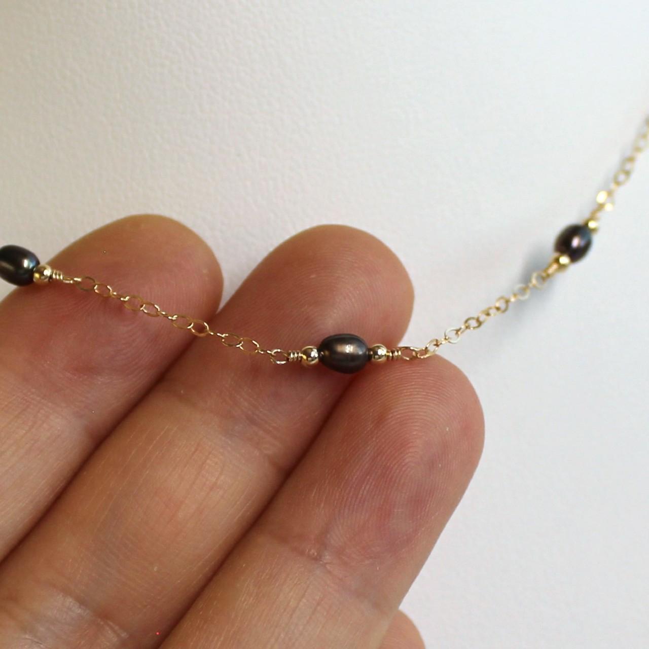 Dainty Tiny Peacock Freshwater Pearl 14k Gold Filled Delicate Chain Necklace.