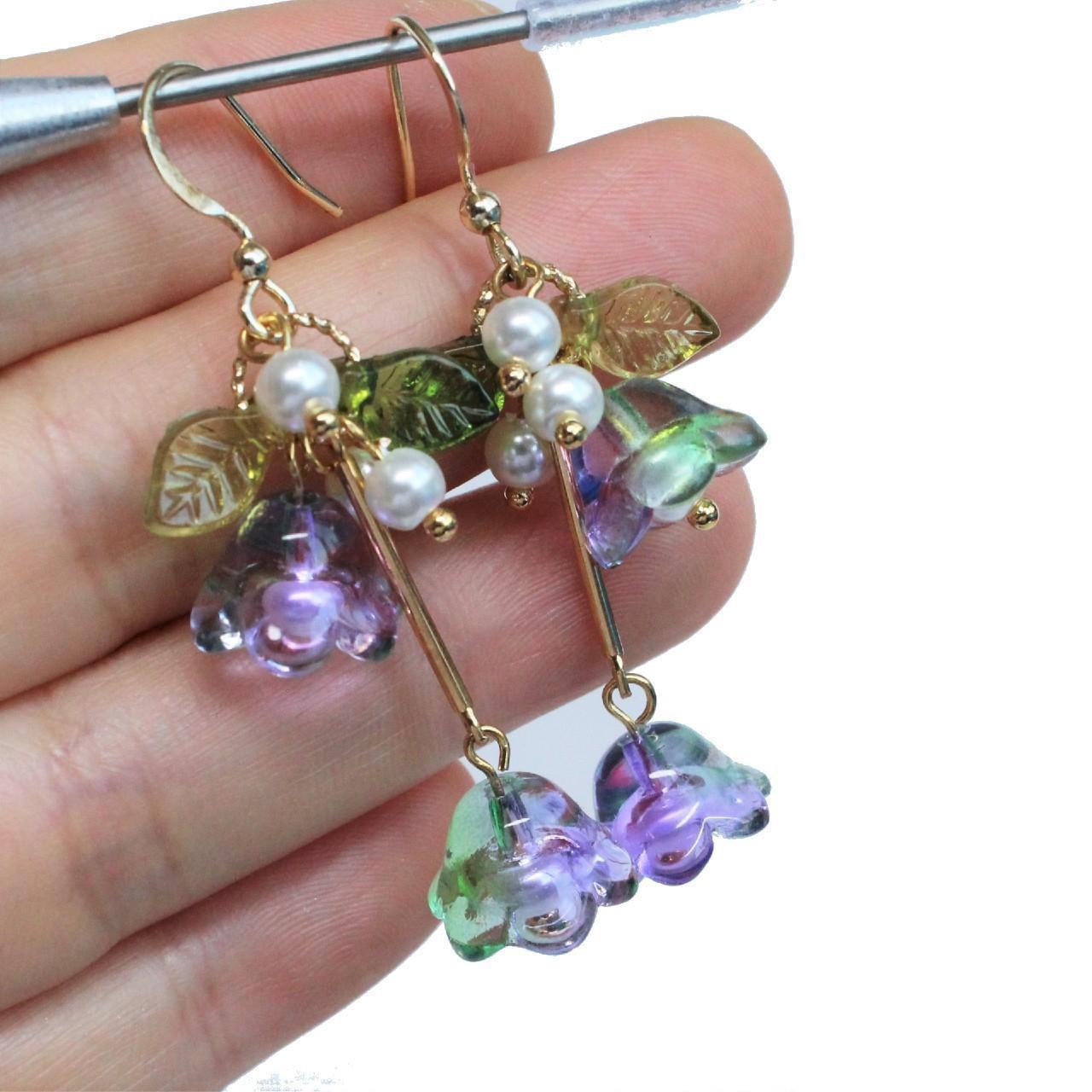 Purple Trumpet Flower Gold Hoop Long Dangle Earrings