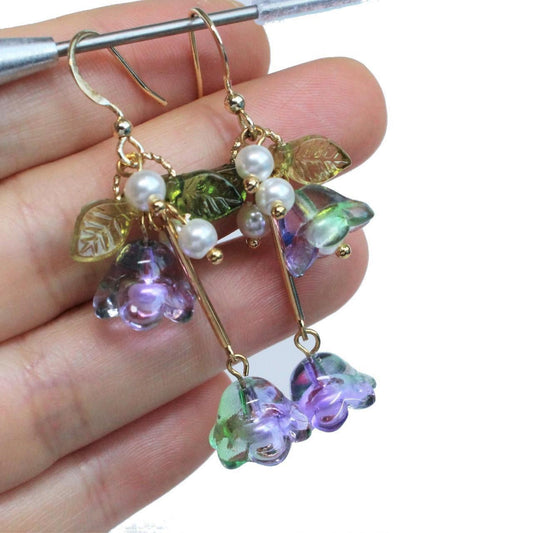 Purple Trumpet Flower Gold Hoop Long Dangle Earrings