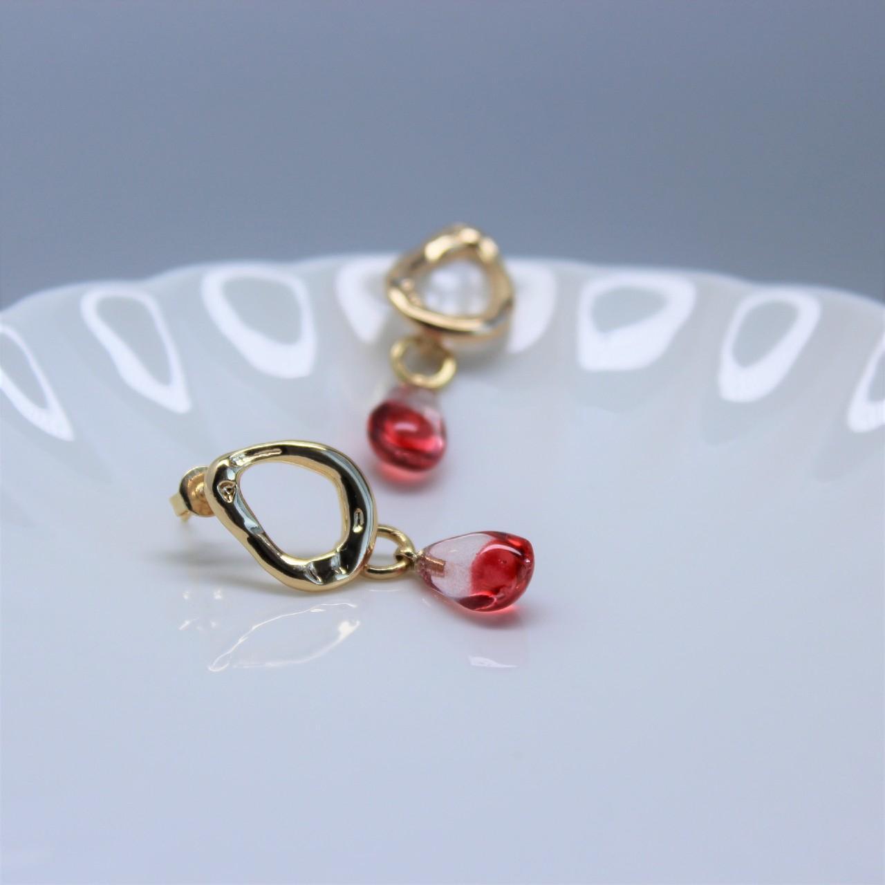 18k Real Gold Irregular Oval Ring Stud with Resin Pomegranate seed Earrings