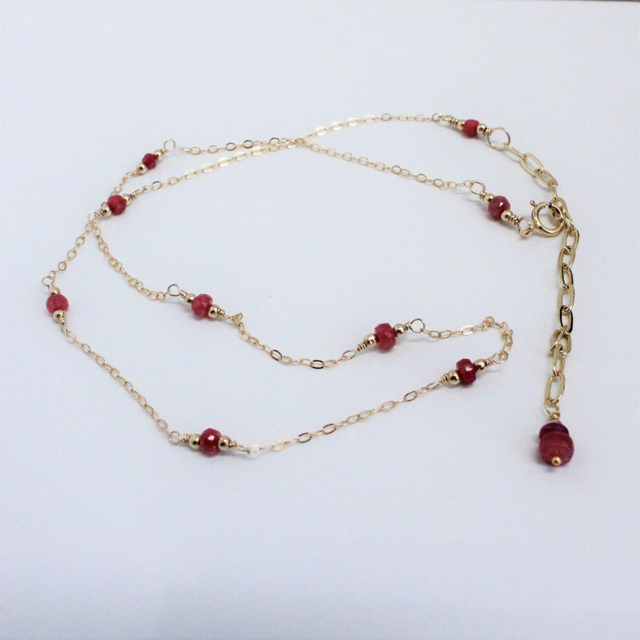 Dainty Genuine Ruby Beads 14k Gold Filled Delicate Chain Necklace