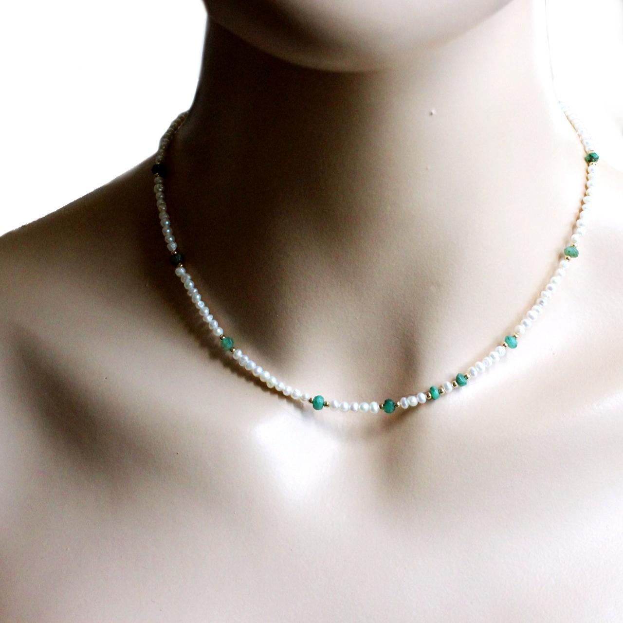 Natural Faceted Emerald and Freshwater Pearl 14k Gold Filled Necklace