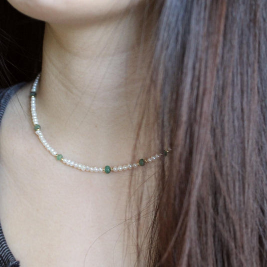 Natural Faceted Emerald and Freshwater Pearl 14k Gold Filled Necklace