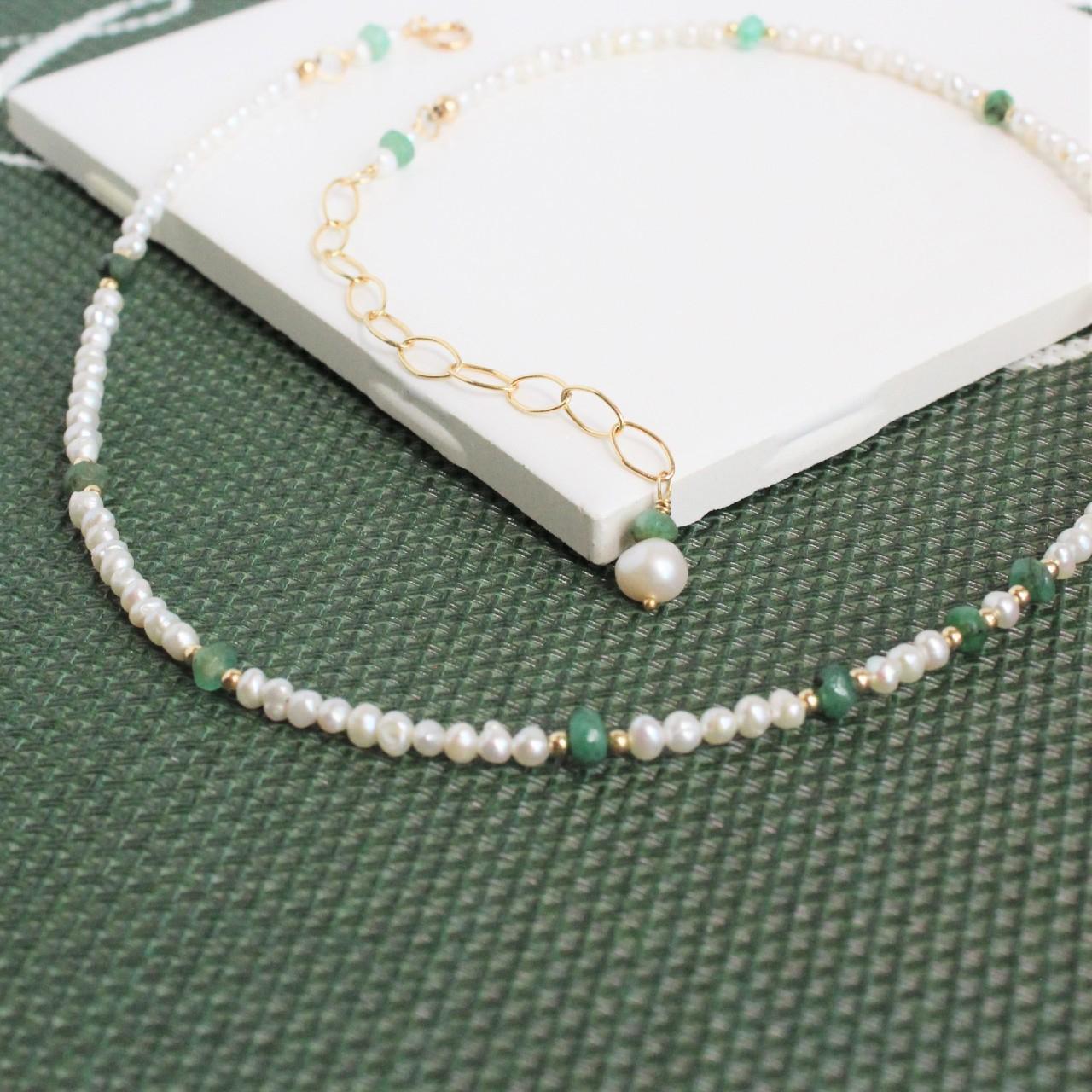 Natural Faceted Emerald and Freshwater Pearl 14k Gold Filled Necklace