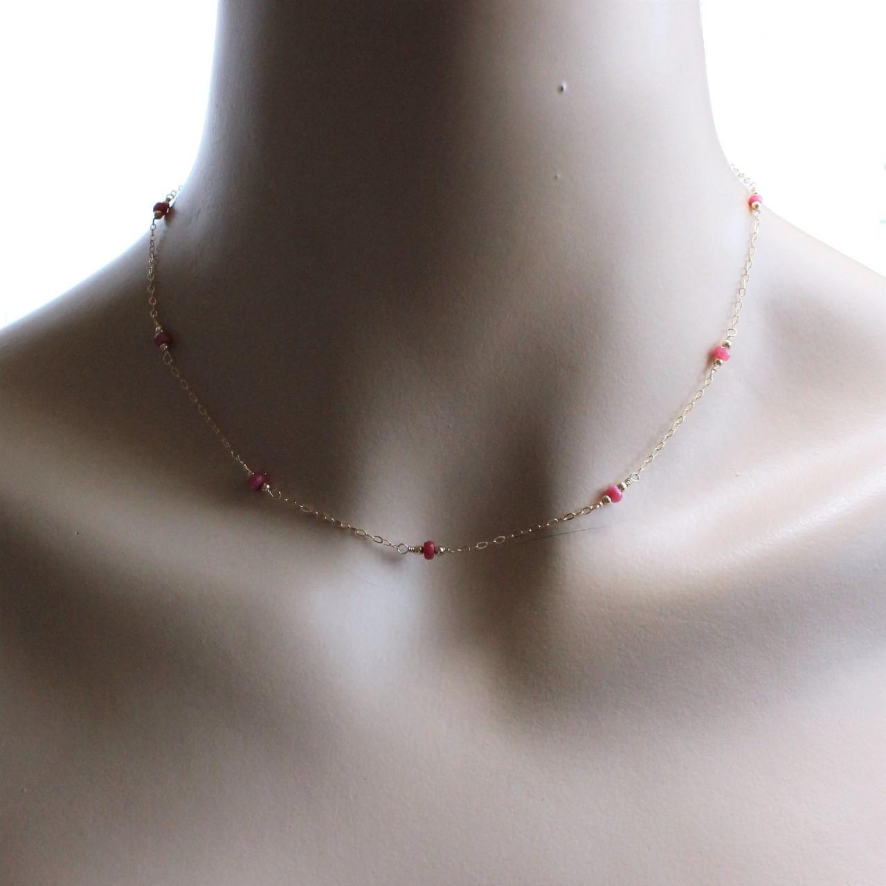 Dainty Genuine Ruby Beads 14k Gold Filled Delicate Chain Necklace