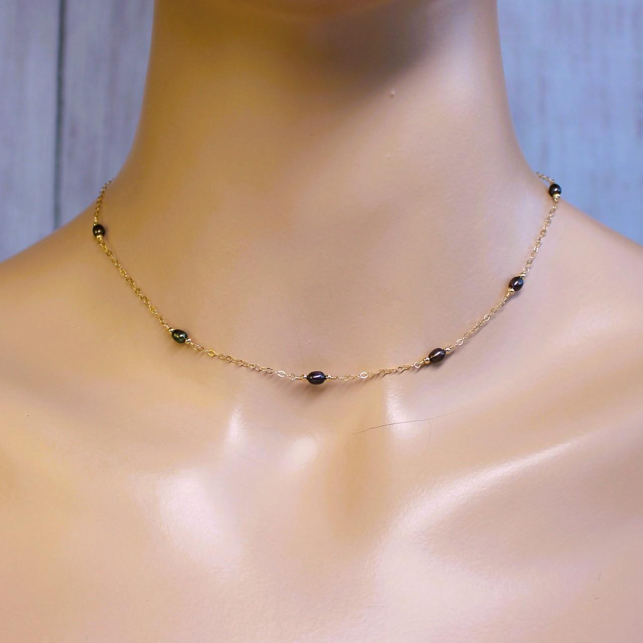 Dainty Tiny Peacock Freshwater Pearl 14k Gold Filled Delicate Chain Necklace.