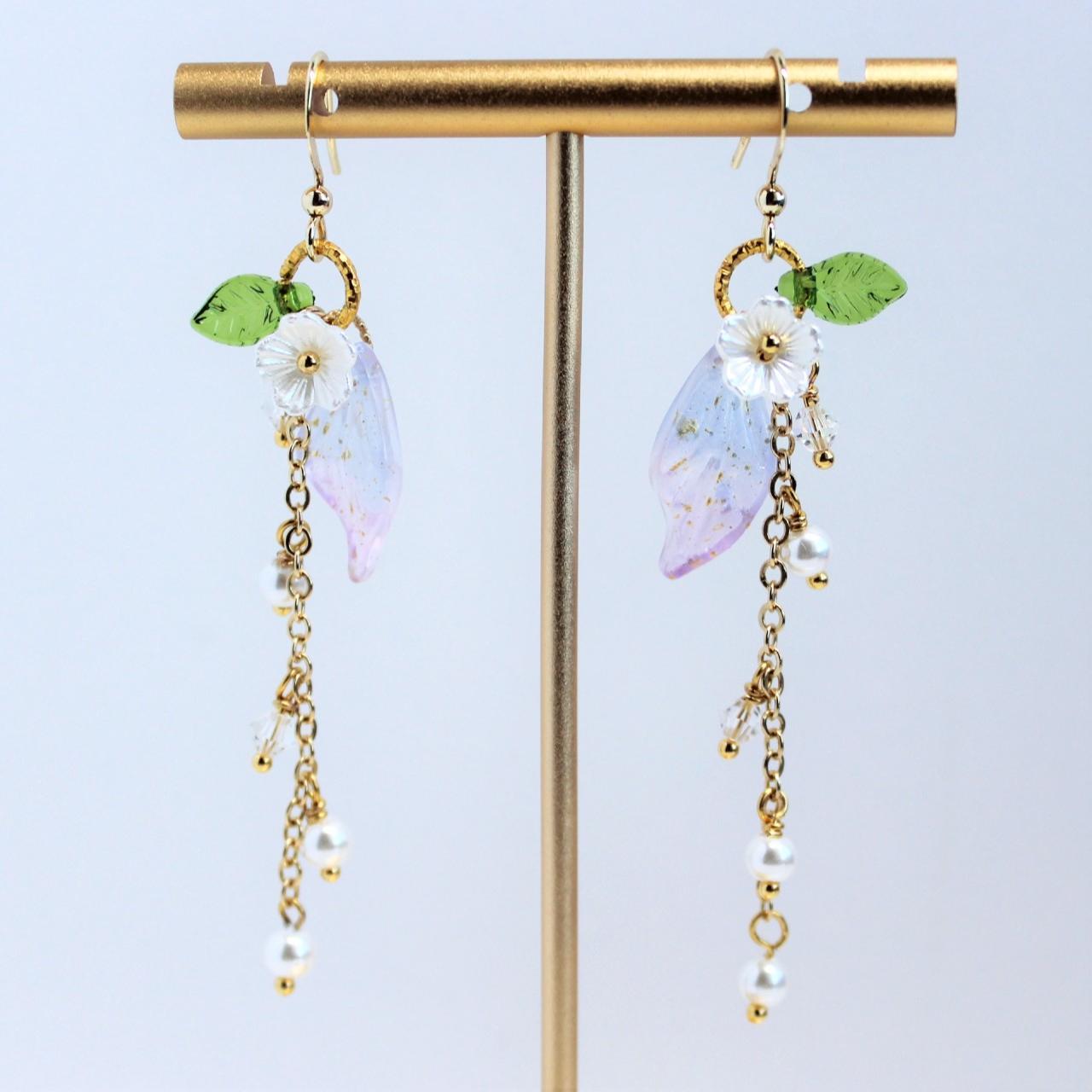 Long Floral Gold Chain Pearl Dangle Earrings