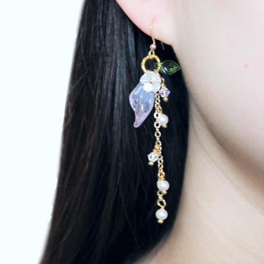 Long Floral Gold Chain Pearl Dangle Earrings