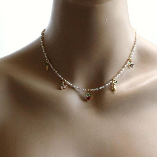 Pearl CZ Fruit Charm Beaded Choker Necklace
