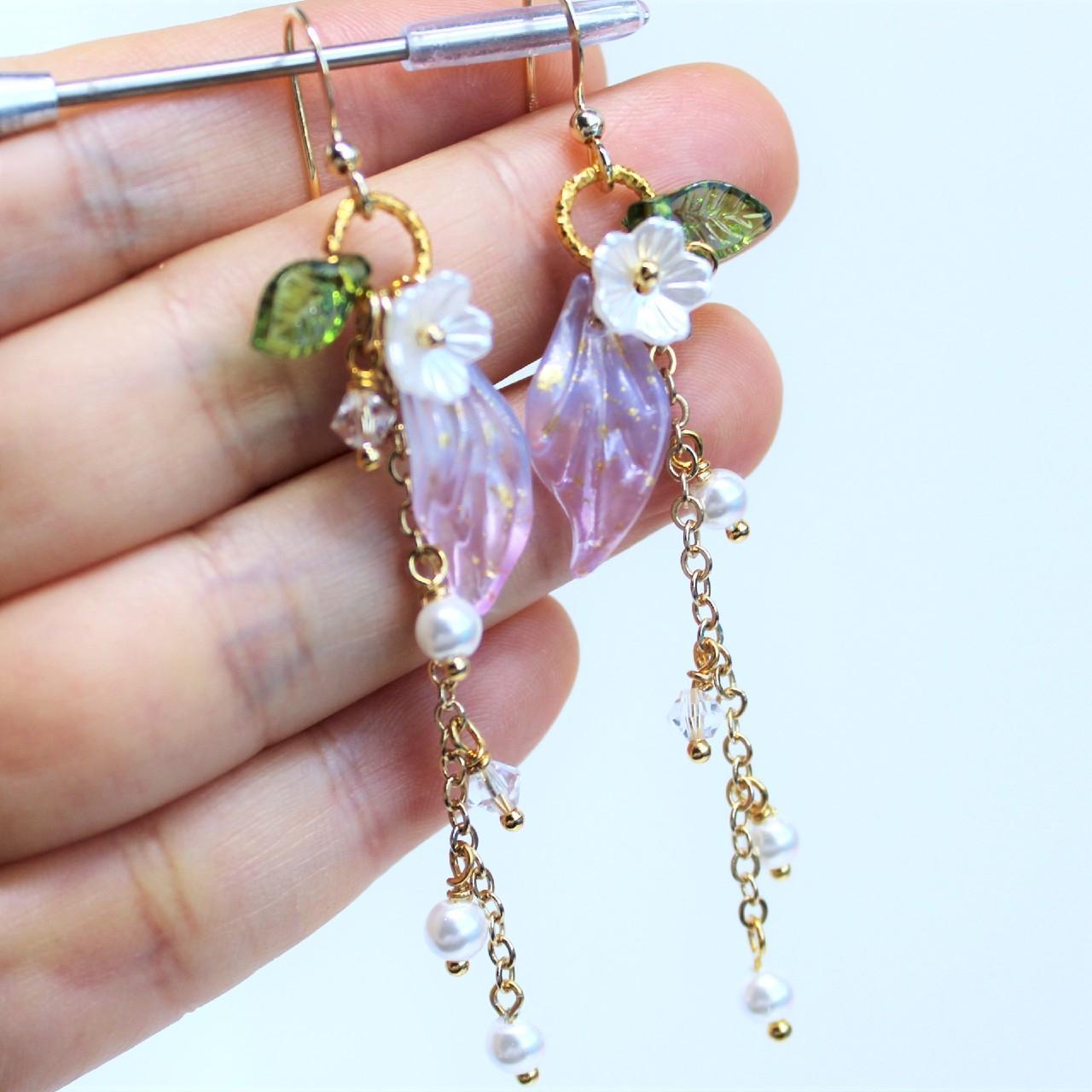 Long Floral Gold Chain Pearl Dangle Earrings