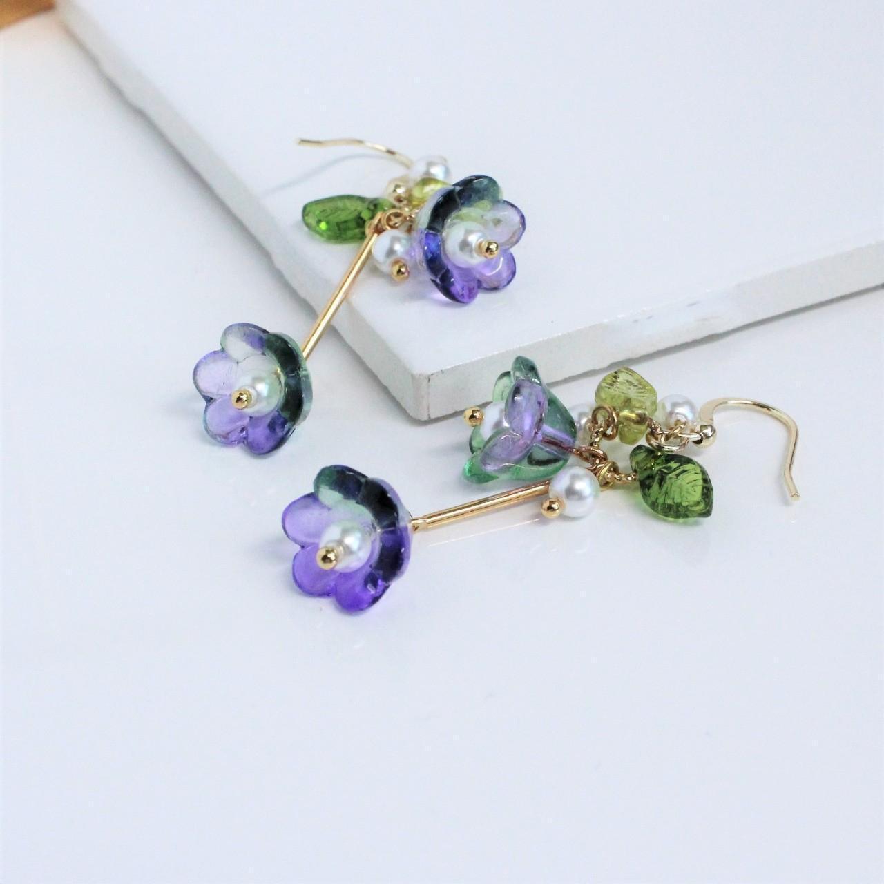 Purple Trumpet Flower Gold Hoop Long Dangle Earrings