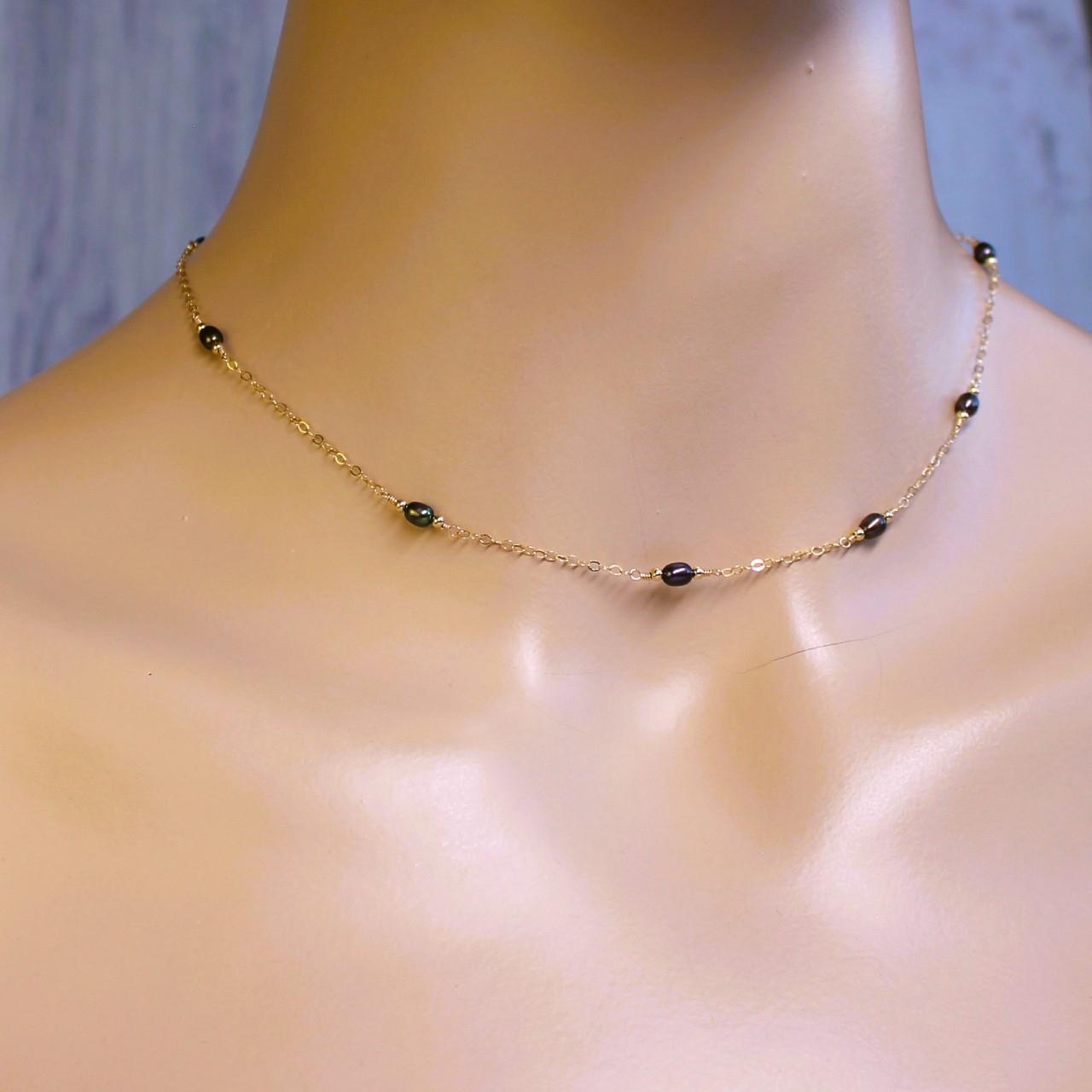 Dainty Tiny Peacock Freshwater Pearl 14k Gold Filled Delicate Chain Necklace.