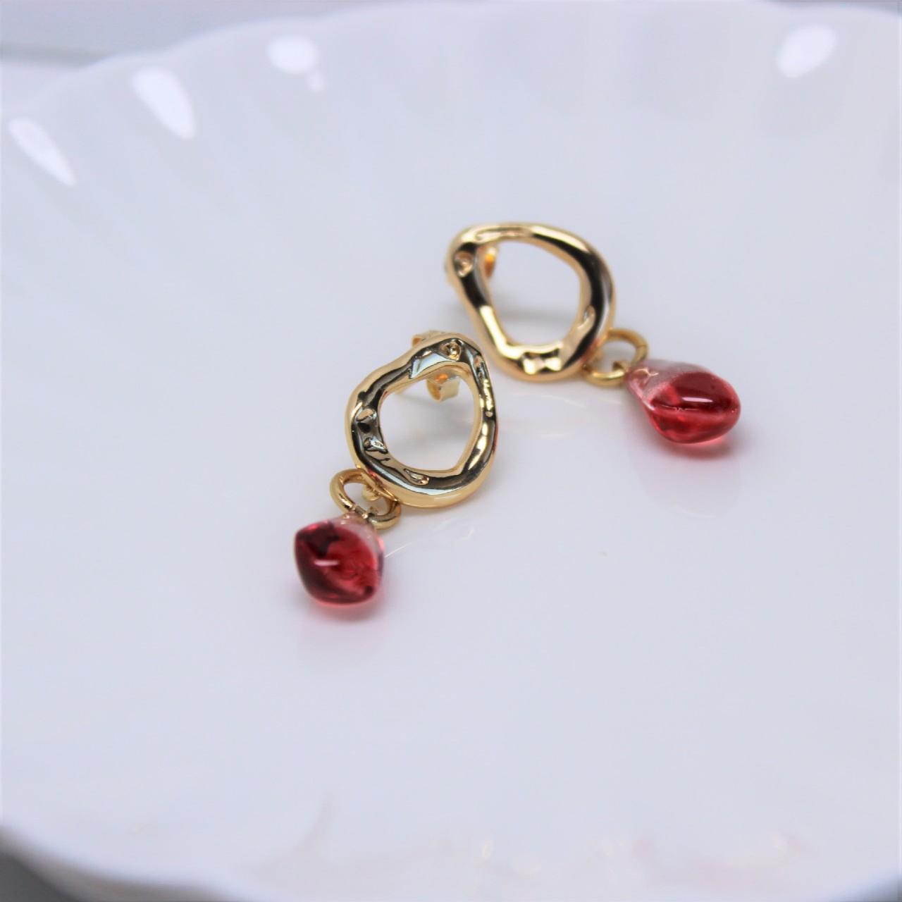 18k Real Gold Irregular Oval Ring Stud with Resin Pomegranate seed Earrings