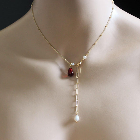 Dark Red Pomegranate Seed and Baroque Pearl Necklace