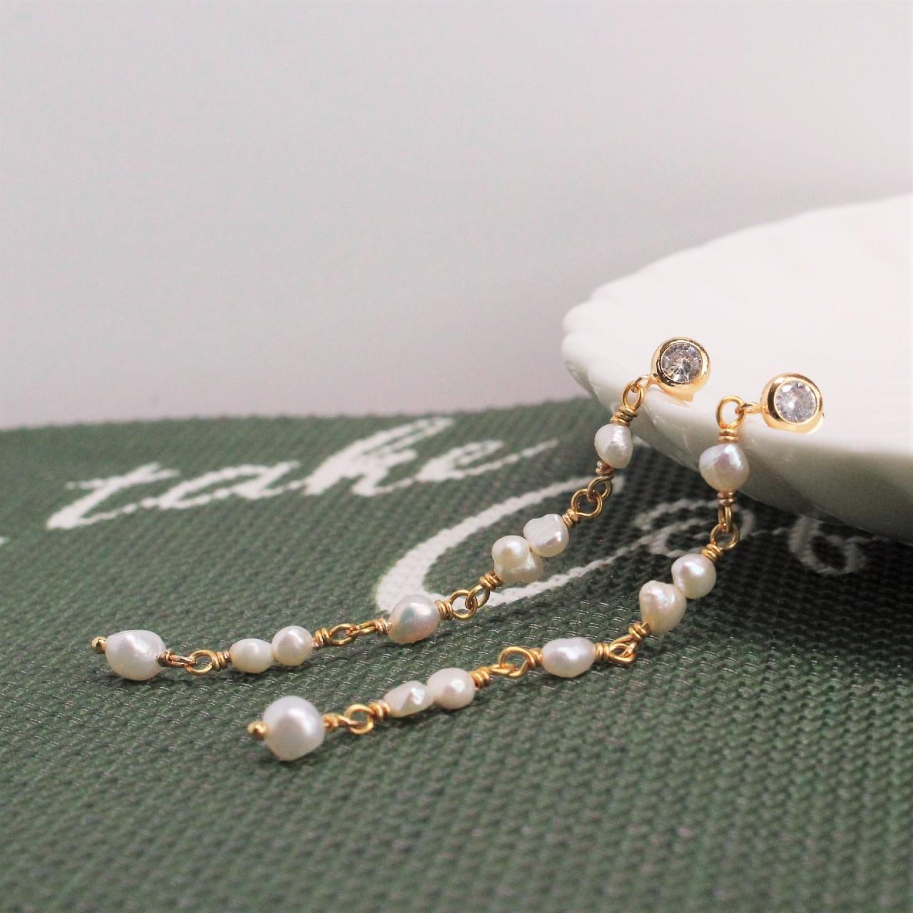 Freshwater Pearl Long Drop Earrings, 14k Gold CZ Stud Earrings