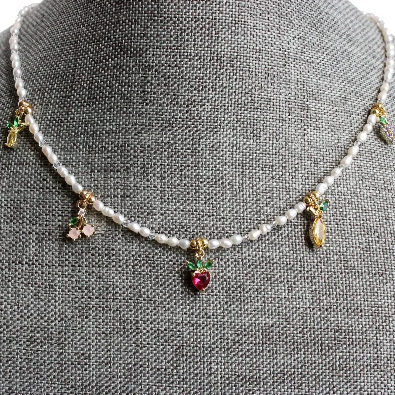 Pearl CZ Fruit Charm Beaded Choker Necklace