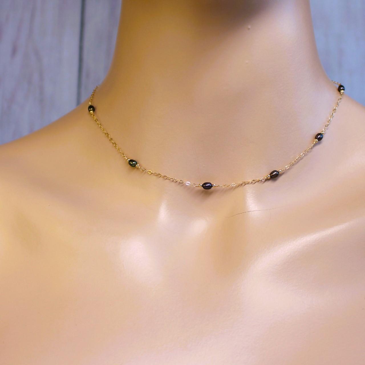 Dainty Tiny Peacock Freshwater Pearl 14k Gold Filled Delicate Chain Necklace.