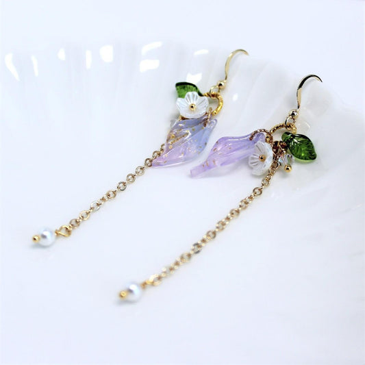 Simple Long Floral Gold Chain Pearl Dangle Earrings