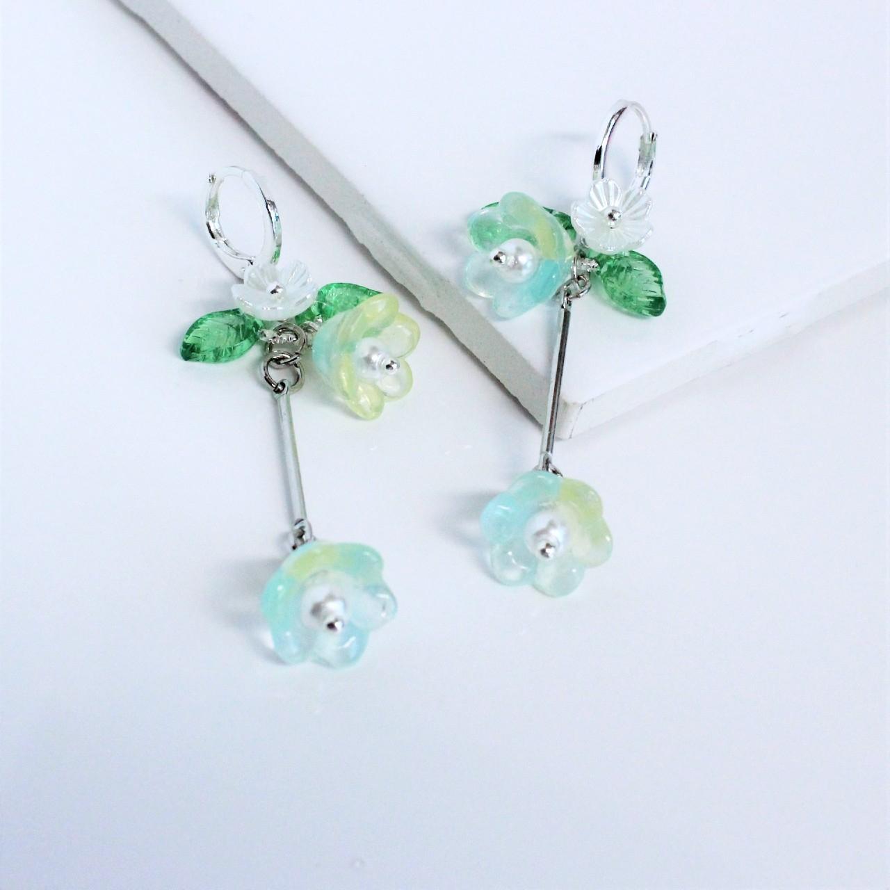 Trumpet Flower Silver Long Dangle Earrings