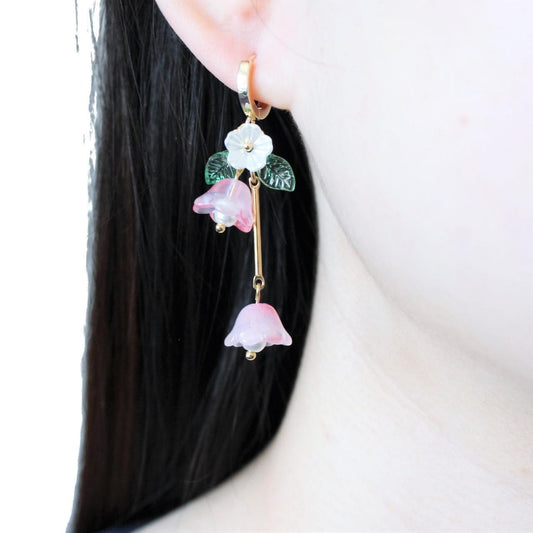 Pink Trumpet Flower Gold Hoop Long Dangle Earrings