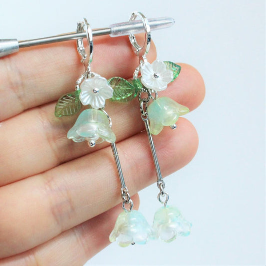 Trumpet Flower Silver Long Dangle Earrings