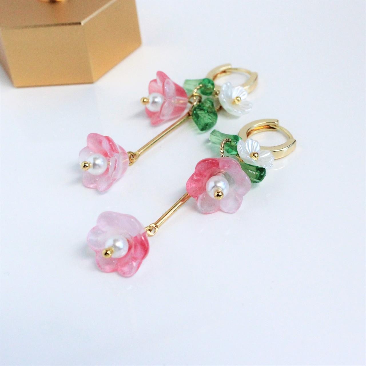 Pink Trumpet Flower Gold Hoop Long Dangle Earrings