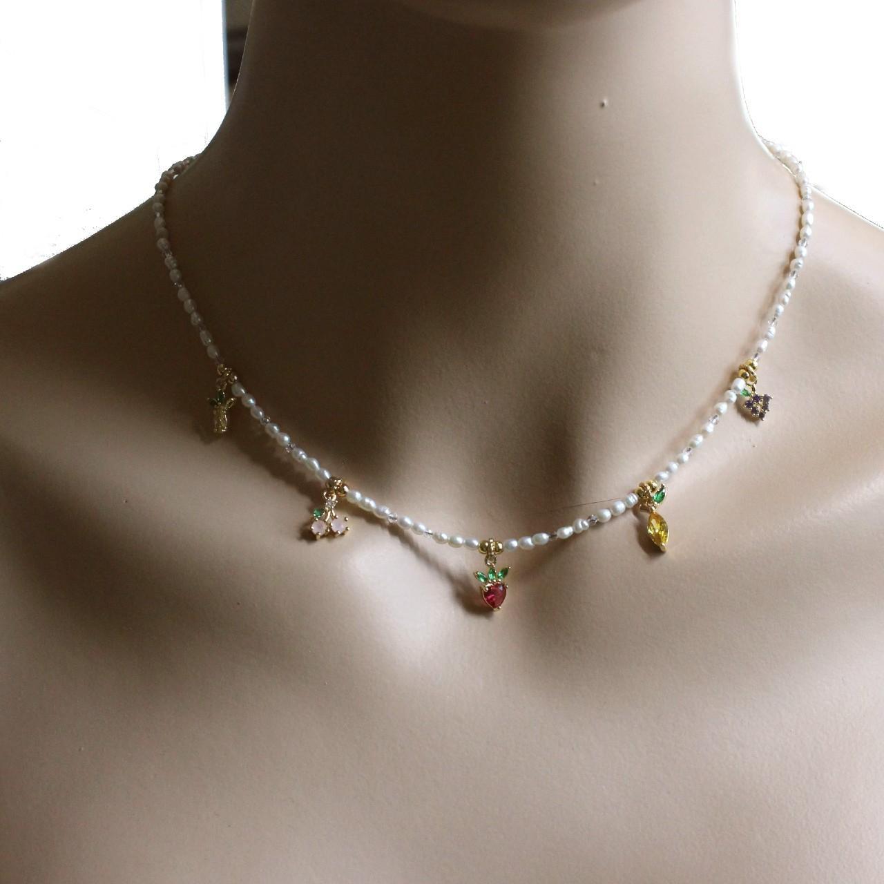 Pearl CZ Fruit Charm Beaded Choker Necklace