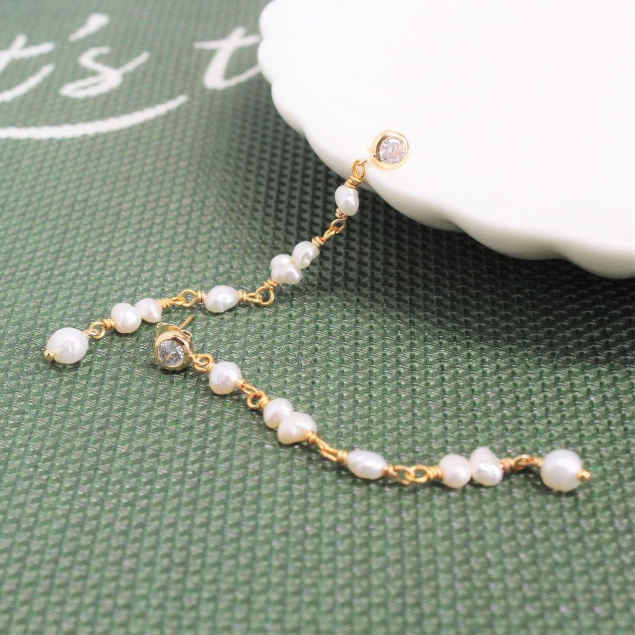 Freshwater Pearl Long Drop Earrings, 14k Gold CZ Stud Earrings