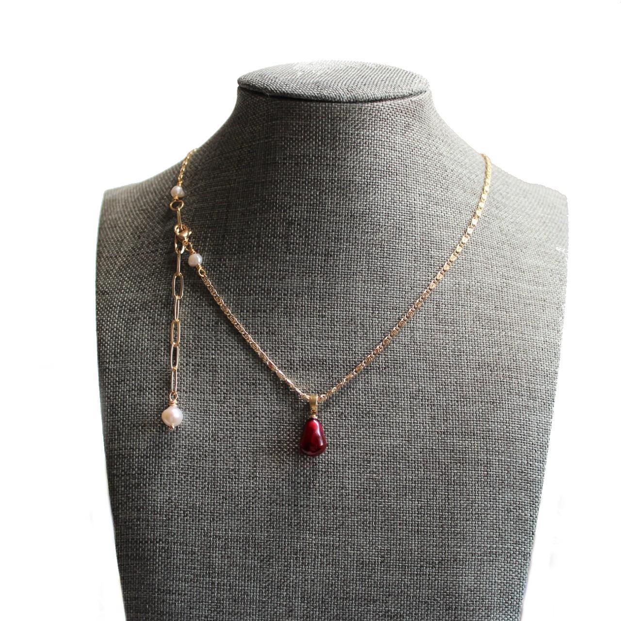 Dark Red Pomegranate Seed and Baroque Pearl Necklace