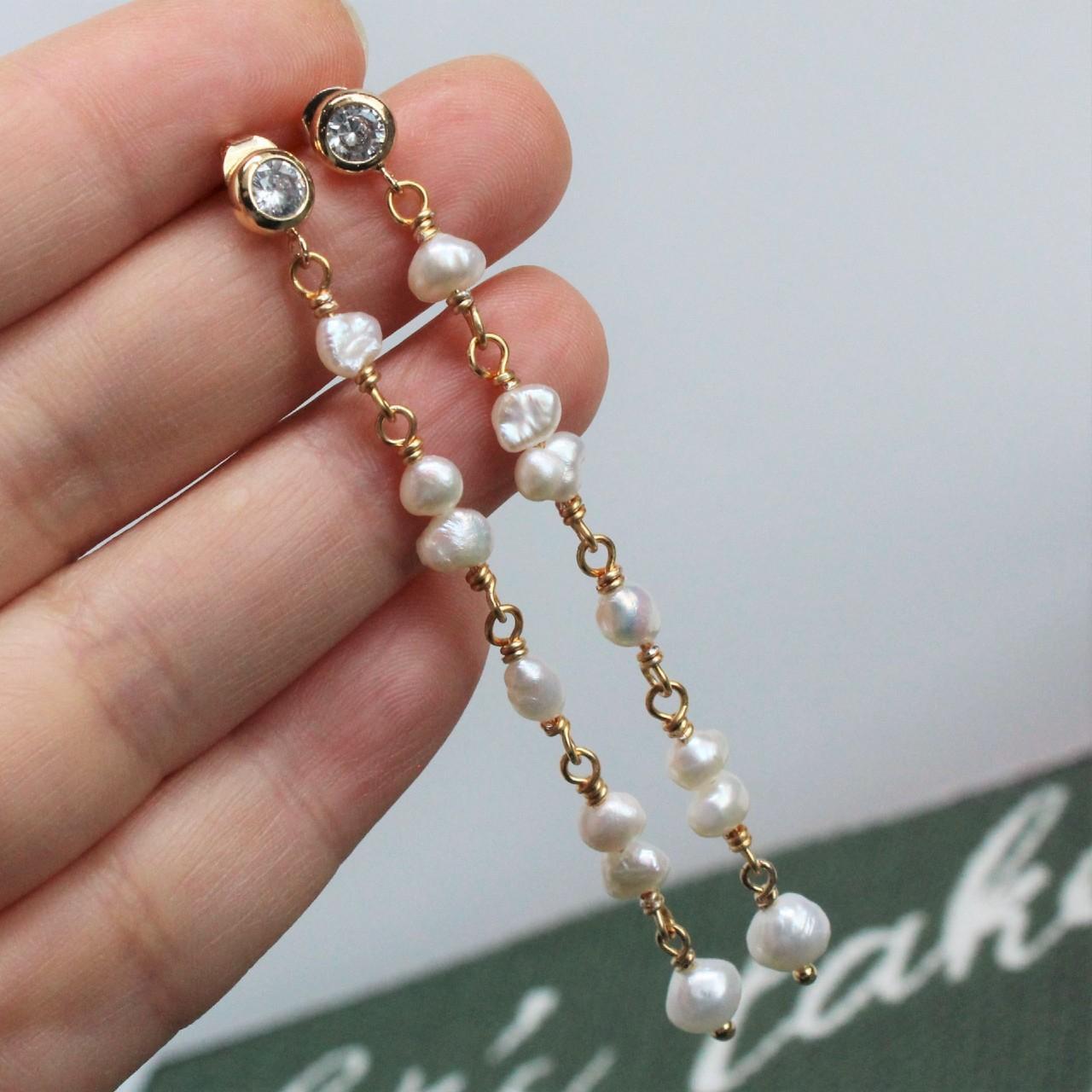 Freshwater Pearl Long Drop Earrings, 14k Gold CZ Stud Earrings