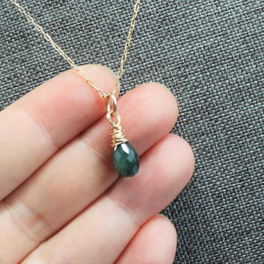 Genuine Faceted Teardrop Emerald 14k Gold Filled Chain Necklace