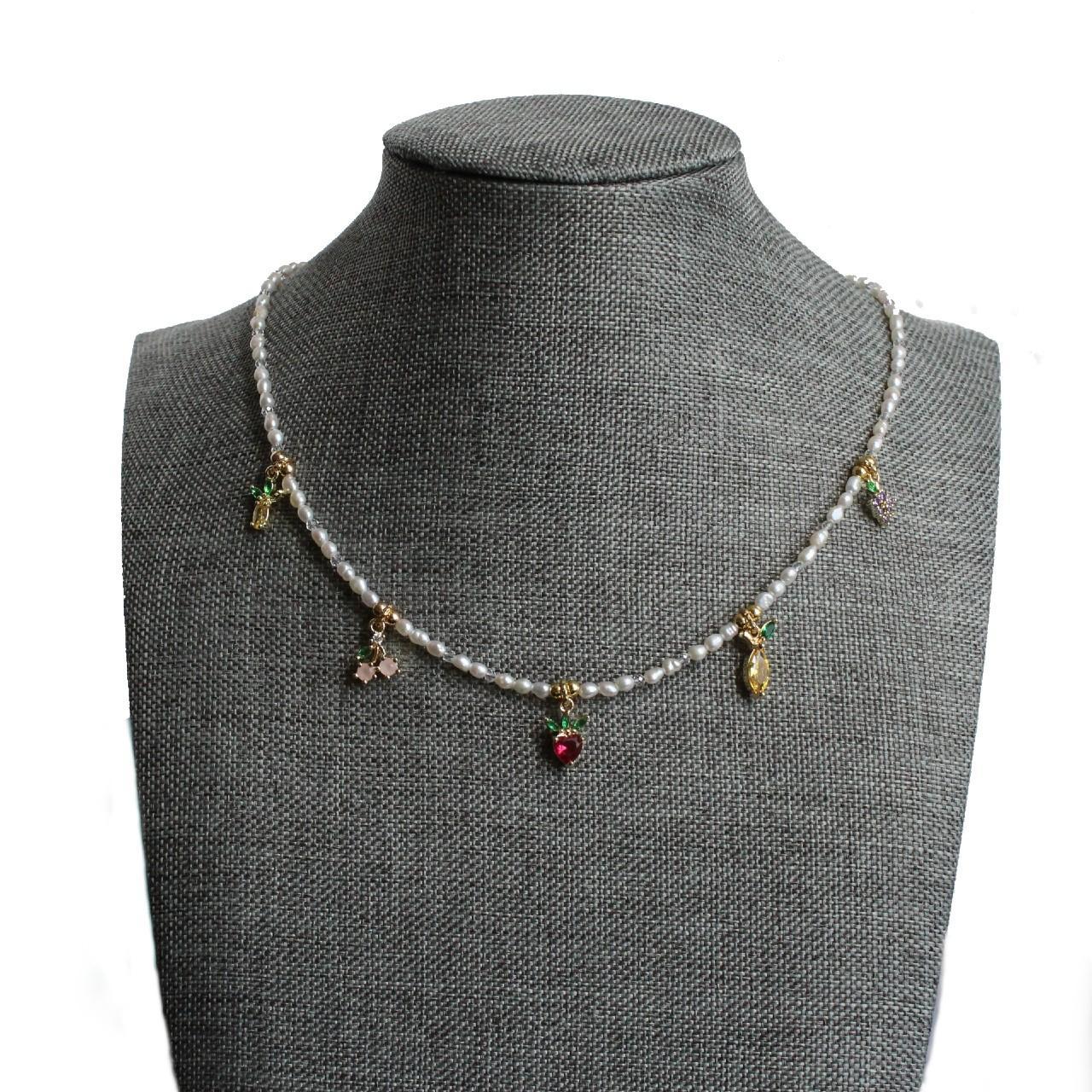 Pearl CZ Fruit Charm Beaded Choker Necklace