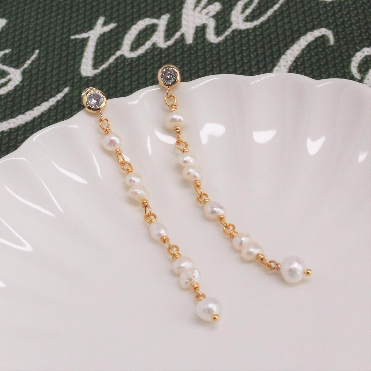 Freshwater Pearl Long Drop Earrings, 14k Gold CZ Stud Earrings