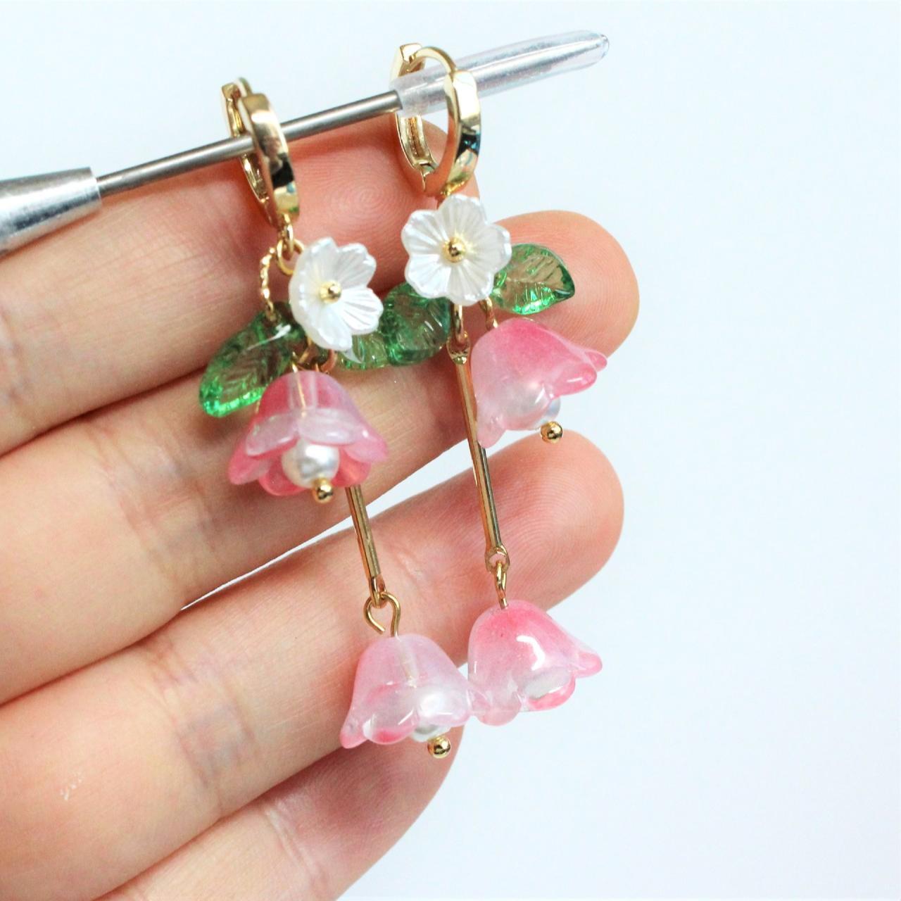 Pink Trumpet Flower Gold Hoop Long Dangle Earrings
