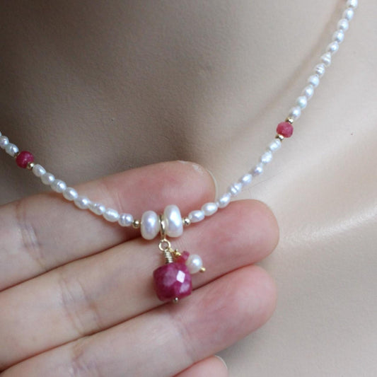 Natural Ruby and Pearls Beaded 14k Gold Filled Necklace
