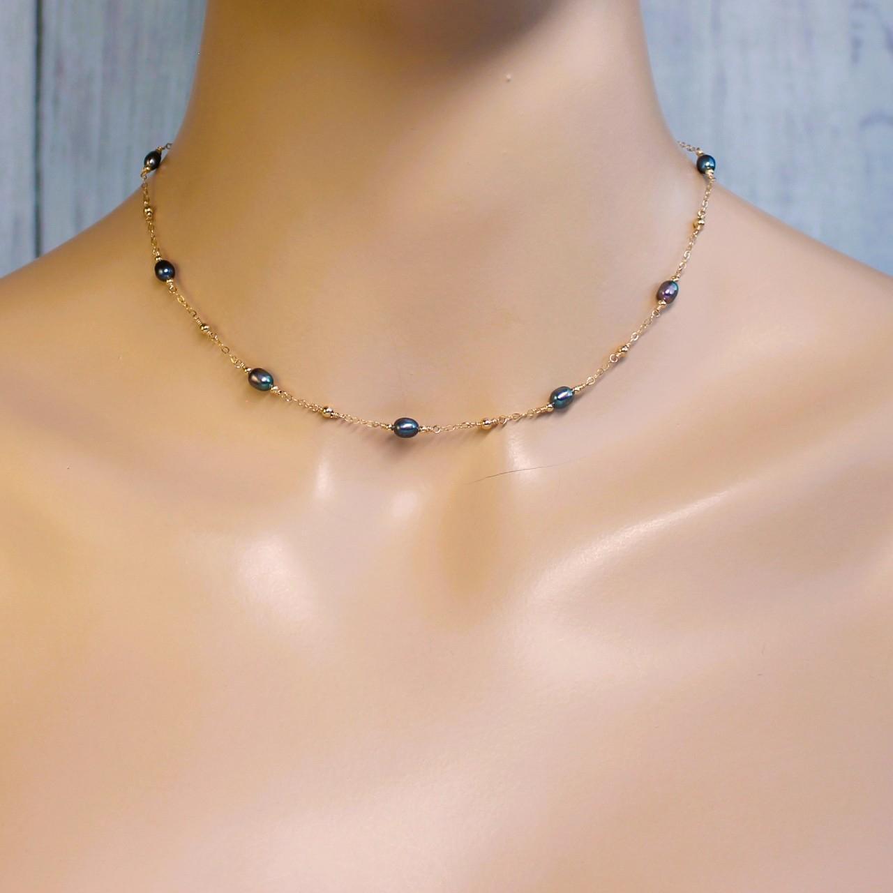 Dainty Peacock Freshwater Pearl 14k Gold Filled Delicate Chain Necklace.