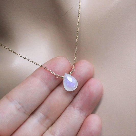 Genuine Faceted Teardrop Rainbow Moonstone 14k Gold Filled Chain Necklace