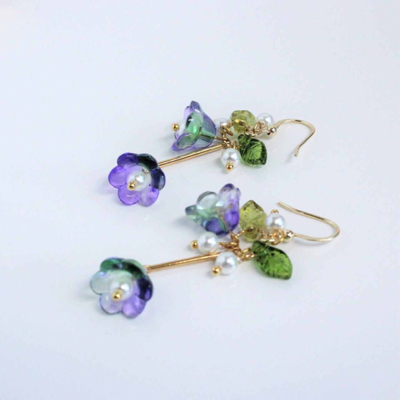 Purple Trumpet Flower Gold Hoop Long Dangle Earrings