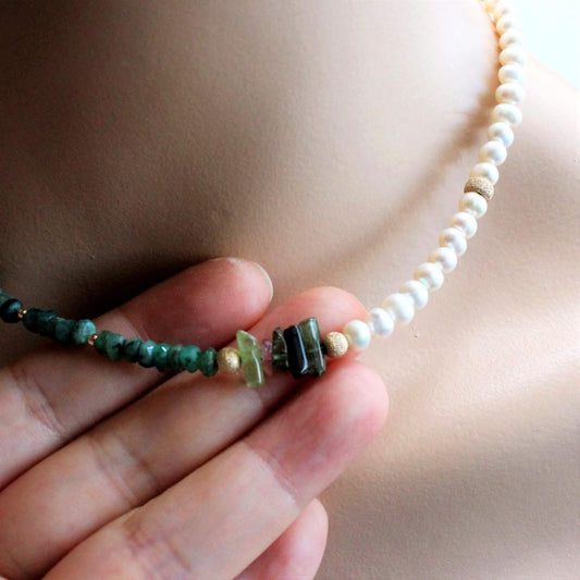 Natural Faceted Emerald, Tourmaline, and Pearl 14k Gold Filled Beaded Necklace