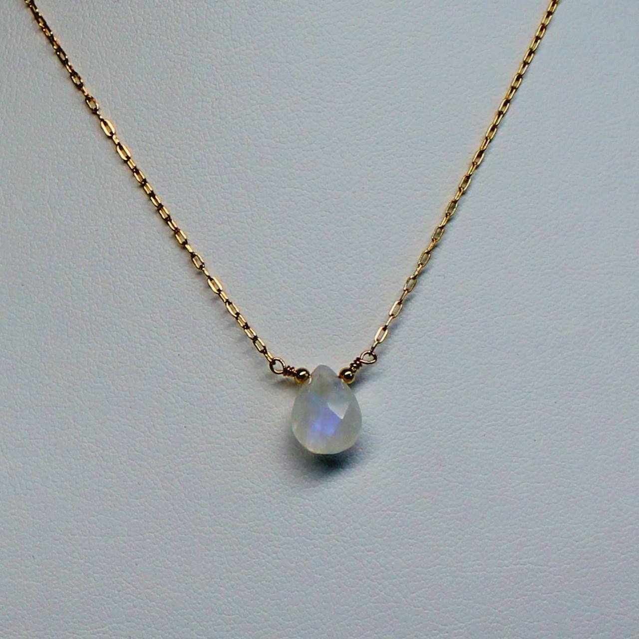 Genuine Faceted Teardrop Rainbow Moonstone 14k Gold Filled Chain Necklace