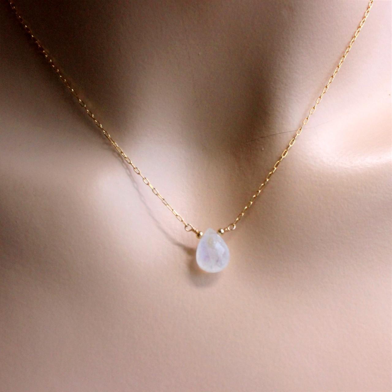 Genuine Faceted Teardrop Rainbow Moonstone 14k Gold Filled Chain Necklace