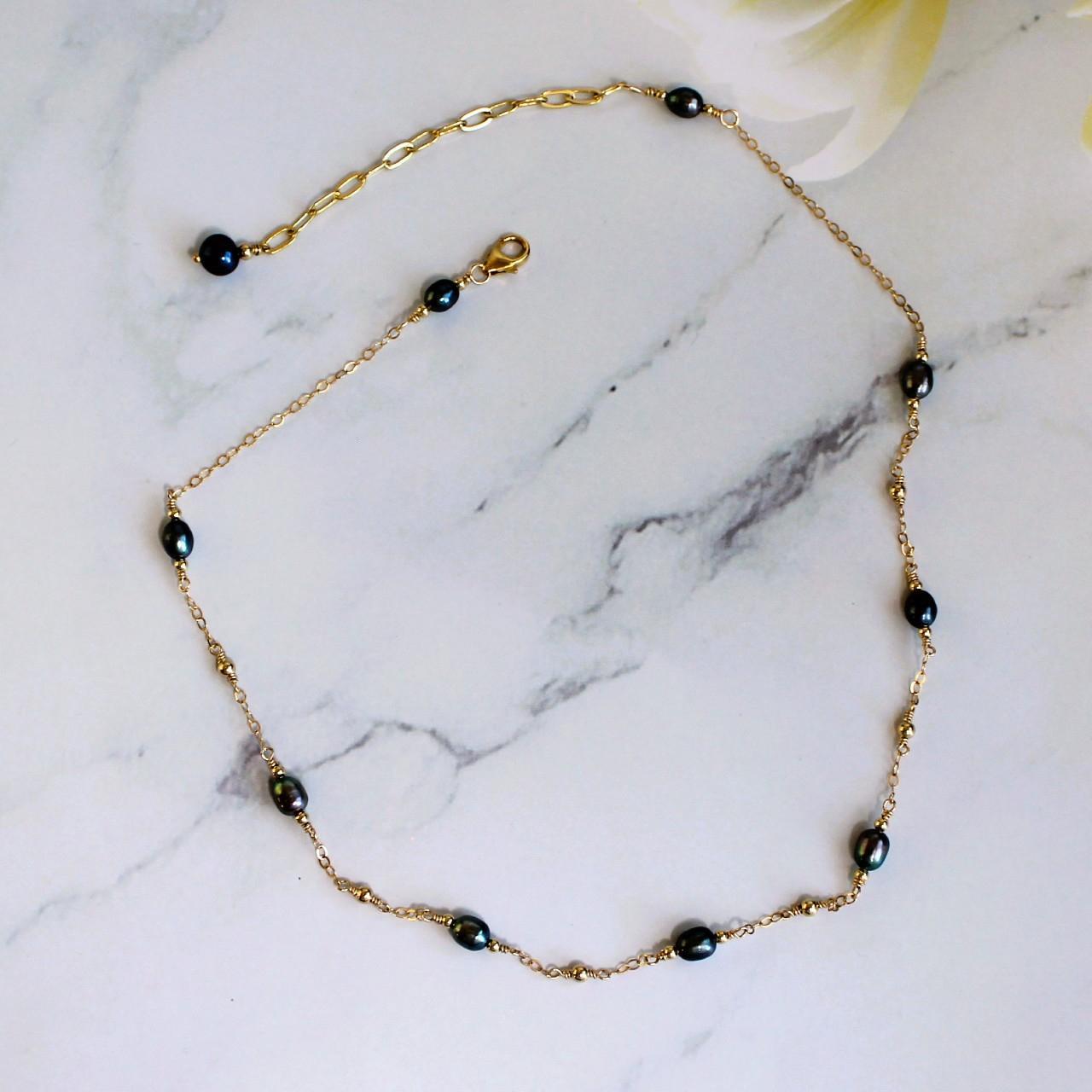 Dainty Peacock Freshwater Pearl 14k Gold Filled Delicate Chain Necklace.