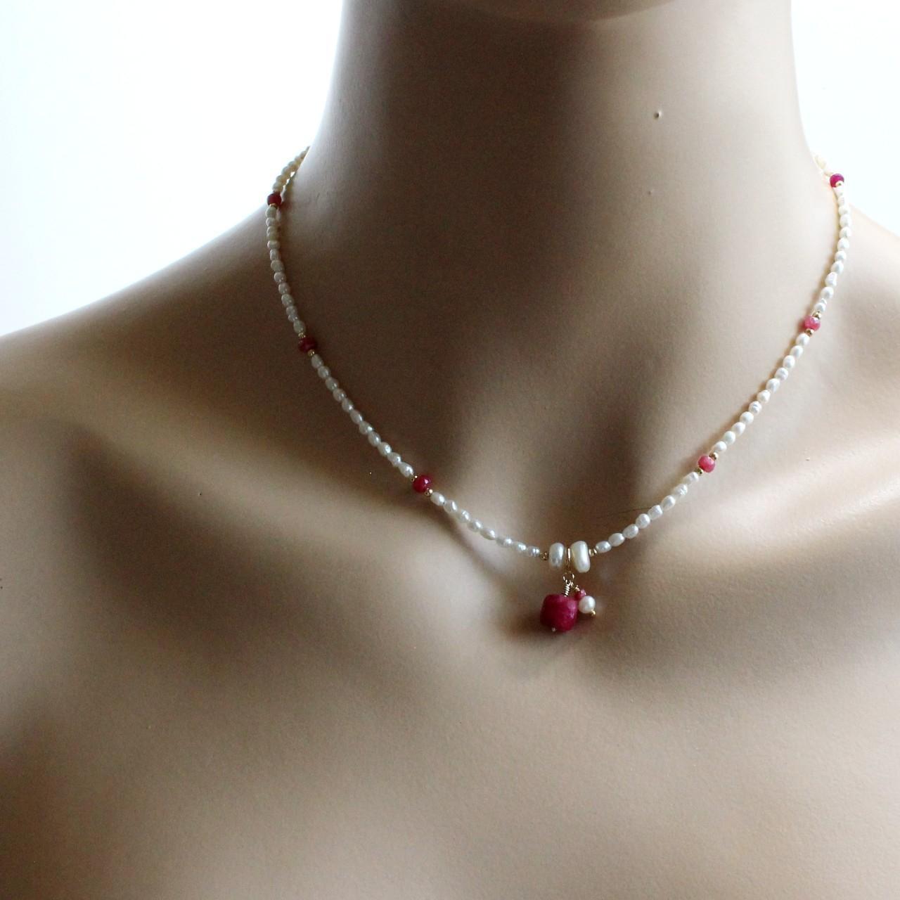 Natural Ruby and Pearls Beaded 14k Gold Filled Necklace