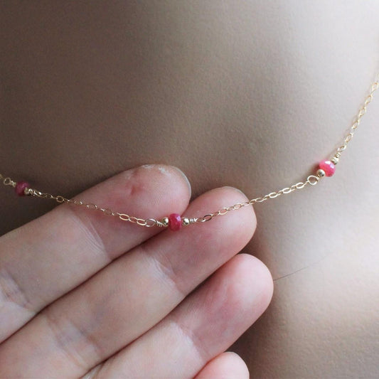 Dainty Genuine Ruby Beads 14k Gold Filled Delicate Chain Necklace