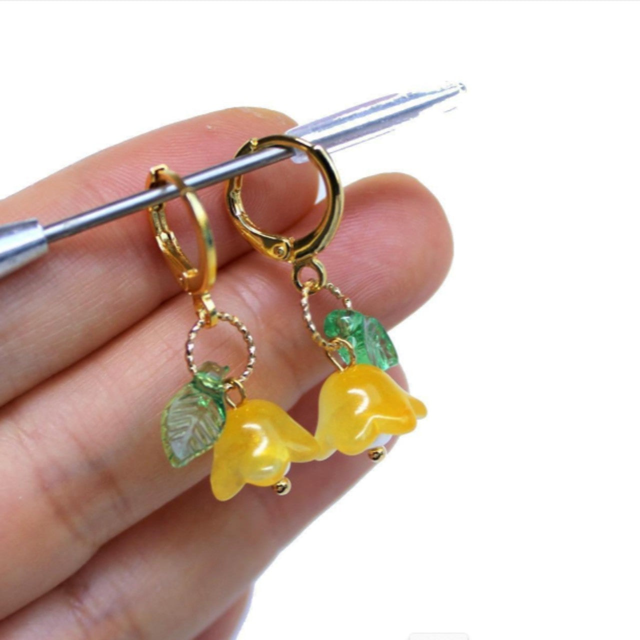 Red Trumpet Flower Gold Dangle Earrings