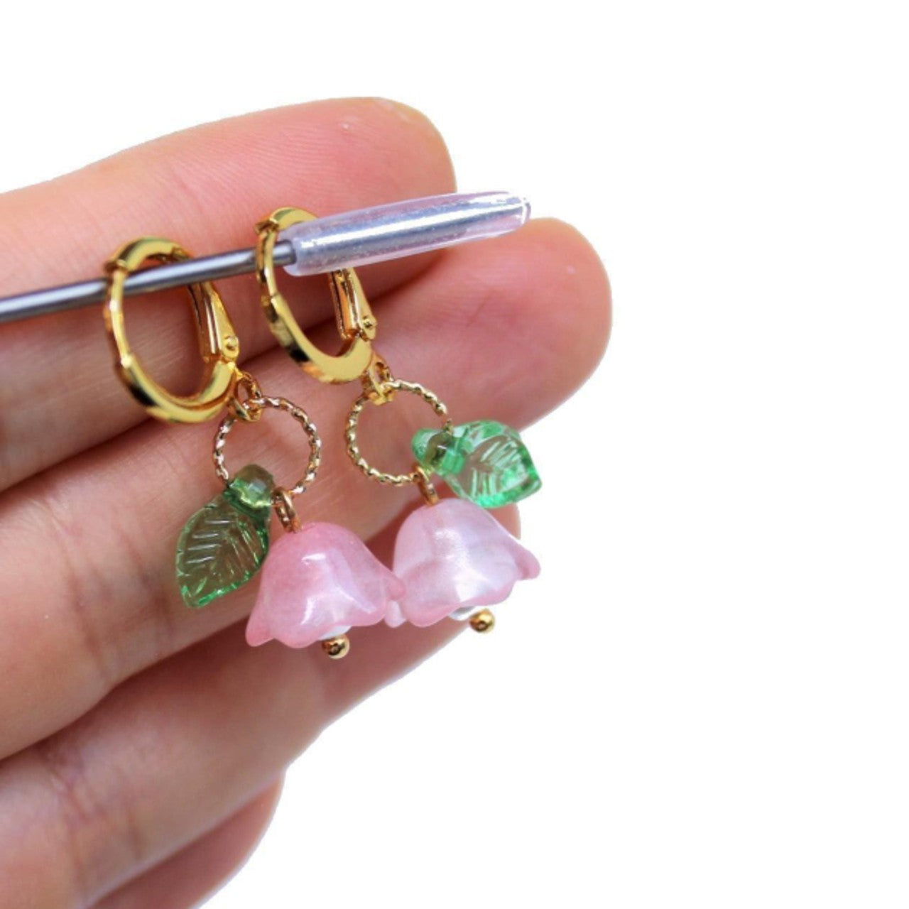 Red Trumpet Flower Gold Dangle Earrings